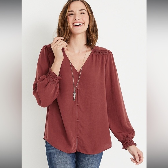 🦋 Maurices Rust Button Down Smocked Blouse Casual Lightweight XL - Picture 1 of 5